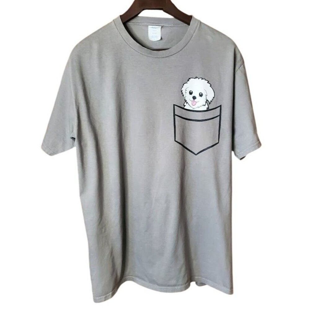 Port & Company Pocket Dog Graphic Tee Gray 100% Cotton Size L Cute Casual